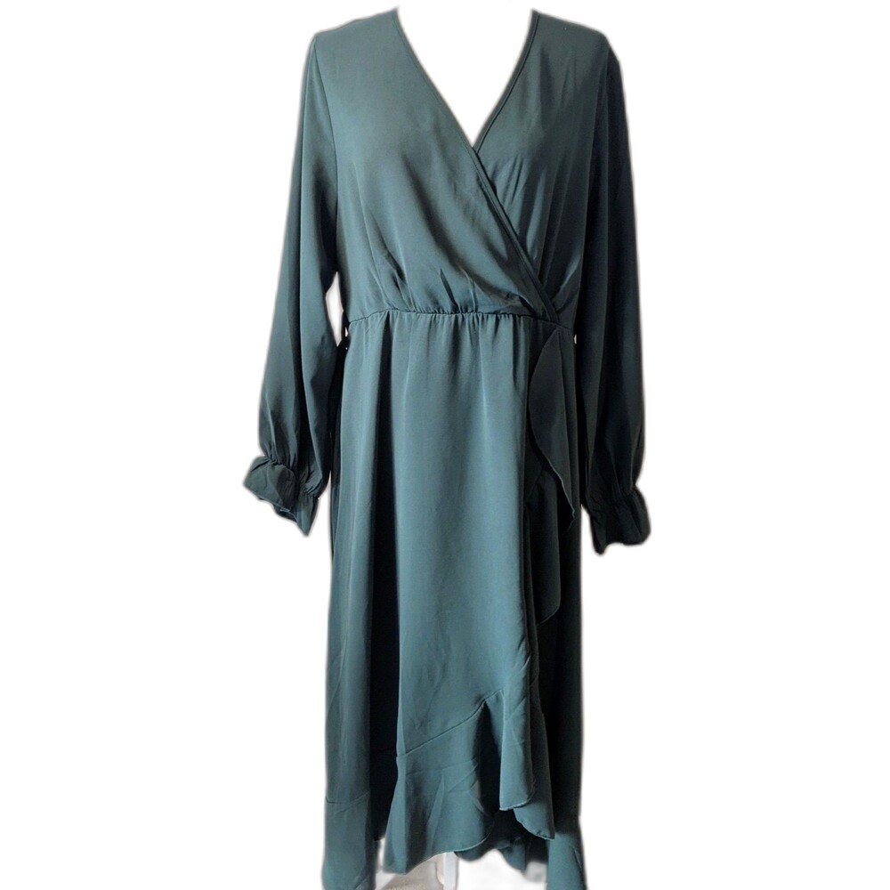 SCOMCHIC Women's  2XL Forest Green Faux Wrap Midi Dress Ruffle Long Sleeve EUC